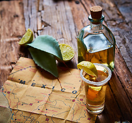 Image showing Tequila shot with lime and sea salt 