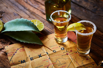 Image showing Tequila shot with lime and sea salt 