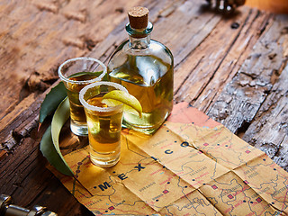 Image showing Tequila shot with lime and sea salt 