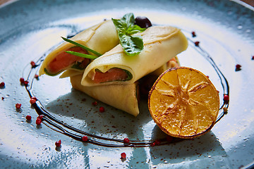 Image showing Crepes with smoked salmon 