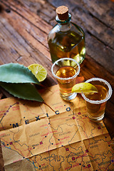 Image showing Tequila shot with lime and sea salt 