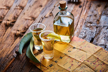 Image showing Tequila shot with lime and sea salt 