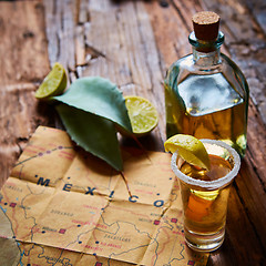 Image showing Tequila shot with lime and sea salt 