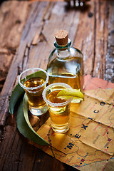 Image showing Tequila shot with lime and sea salt 