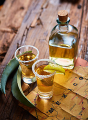 Image showing Tequila shot with lime and sea salt 