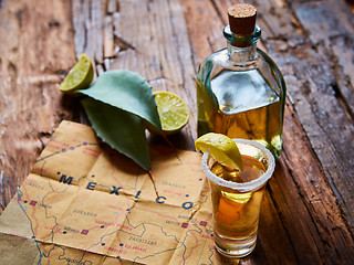 Image showing Tequila shot with lime and sea salt 