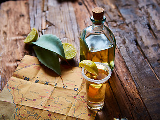 Image showing Tequila shot with lime and sea salt 