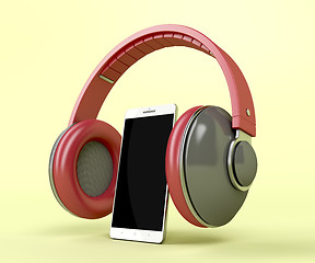 Image showing Red wireless headphones and smartphone
