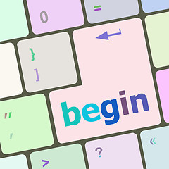 Image showing begin word on keyboard key, notebook computer button vector illustration