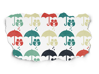 Image showing Safety concept: Family And Umbrella icons on Torn Paper background