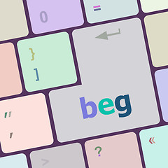 Image showing beg word on keyboard key, notebook computer button vector illustration