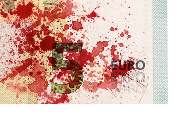 Image showing Close-up of a 5 euro bank note, stained with blood