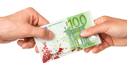 Image showing Man giving 100 euro to a woman, bloody