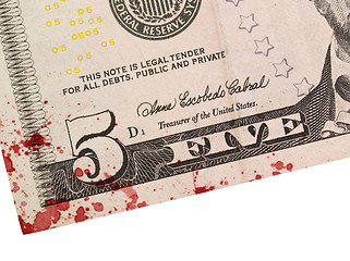 Image showing US five Dollar bill, close up, blood