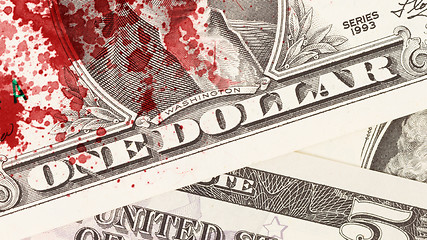 Image showing US one Dollar bill, close up, blood