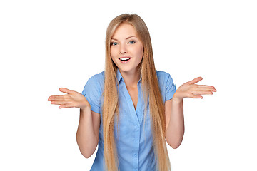 Image showing Woman shrugging her shoulders in surprise