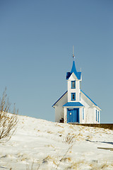 Image showing Blue and white church at the countryside, North Iceland