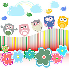 Image showing owls, birds and flowers - holiday card vector background