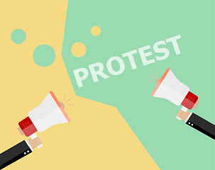 Image showing Hands holding protest signs and bullhorn, crowd of people protesters background, political, politic crisis poster, fists, revolution placard concept symbol flat style modern design vector illustration