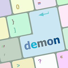 Image showing demon word on keyboard key, notebook computer button vector illustration