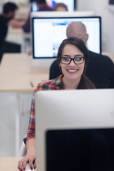 Image showing startup business, woman  working on desktop computer