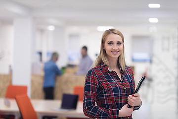 Image showing portrait of young business woman at office with team in backgrou