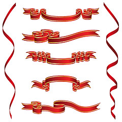 Image showing Set of Red Ribbons With Golden Stripes