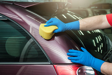 Image showing washing car with sponge