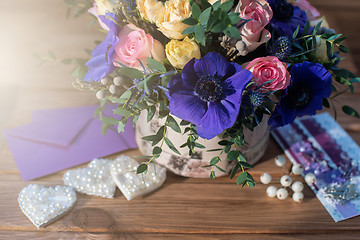 Image showing beautiful bouquet flowers and hearts 