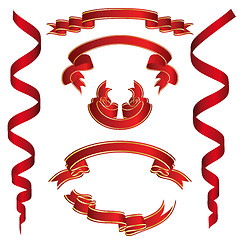 Image showing Set of Red Ribbons With Golden Stripes