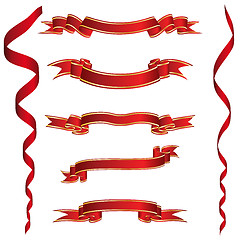 Image showing Set of Red Ribbons With Golden Stripes