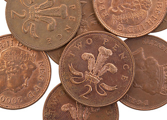 Image showing Two Pence coins isolated, selective focus
