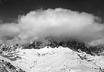 Image showing Black and white view on Mount Ushba in clouds at winter