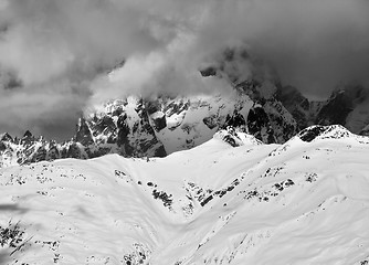 Image showing Black and white view on Mount Ushba in haze