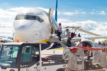 Image showing Passangers boarding Ryanair airplane on Treviso airport.