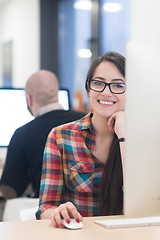 Image showing startup business, woman  working on desktop computer