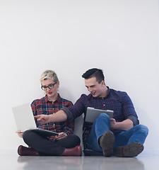 Image showing startup business, couple working on laptop computer at office