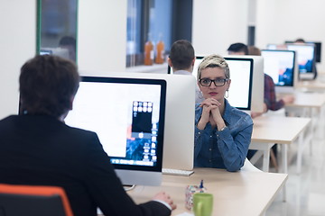 Image showing startup business, woman  working on desktop computer