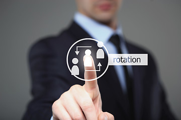 Image showing business, technology and internet concept - businessman pressing Rotation button on virtual screens