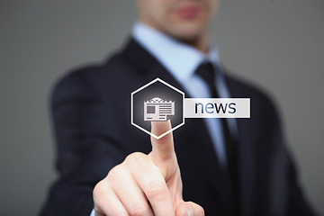 Image showing Businessman, Focus on hand pressing news button. virtual screens