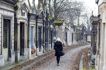 Image showing Solitary woman visiting relatives grave.