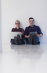 Image showing startup business, couple working on laptop computer at office