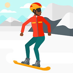 Image showing Young woman snowboarding.