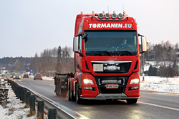 Image showing Red MAN Truck Bobtails along Highway