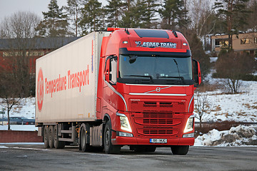 Image showing Red Volvo FH Semi At Truck Stop