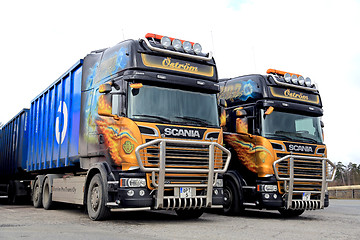 Image showing Two Customized Scania Euro 6 Trucks
