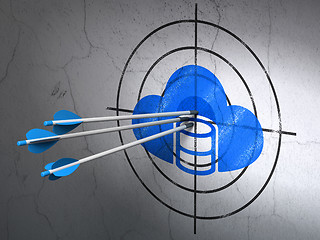 Image showing Cloud networking concept: arrows in Database With Cloud target on wall background