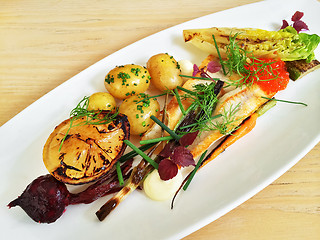 Image showing Gourmet dish with grilled fish and vegetables