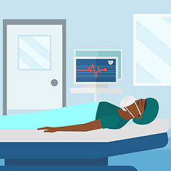 Image showing Patient lying in hospital bed with heart monitor.