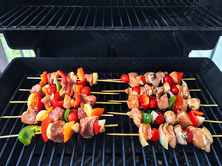 Image showing Meat and vegetable skewers on a barbecue grill